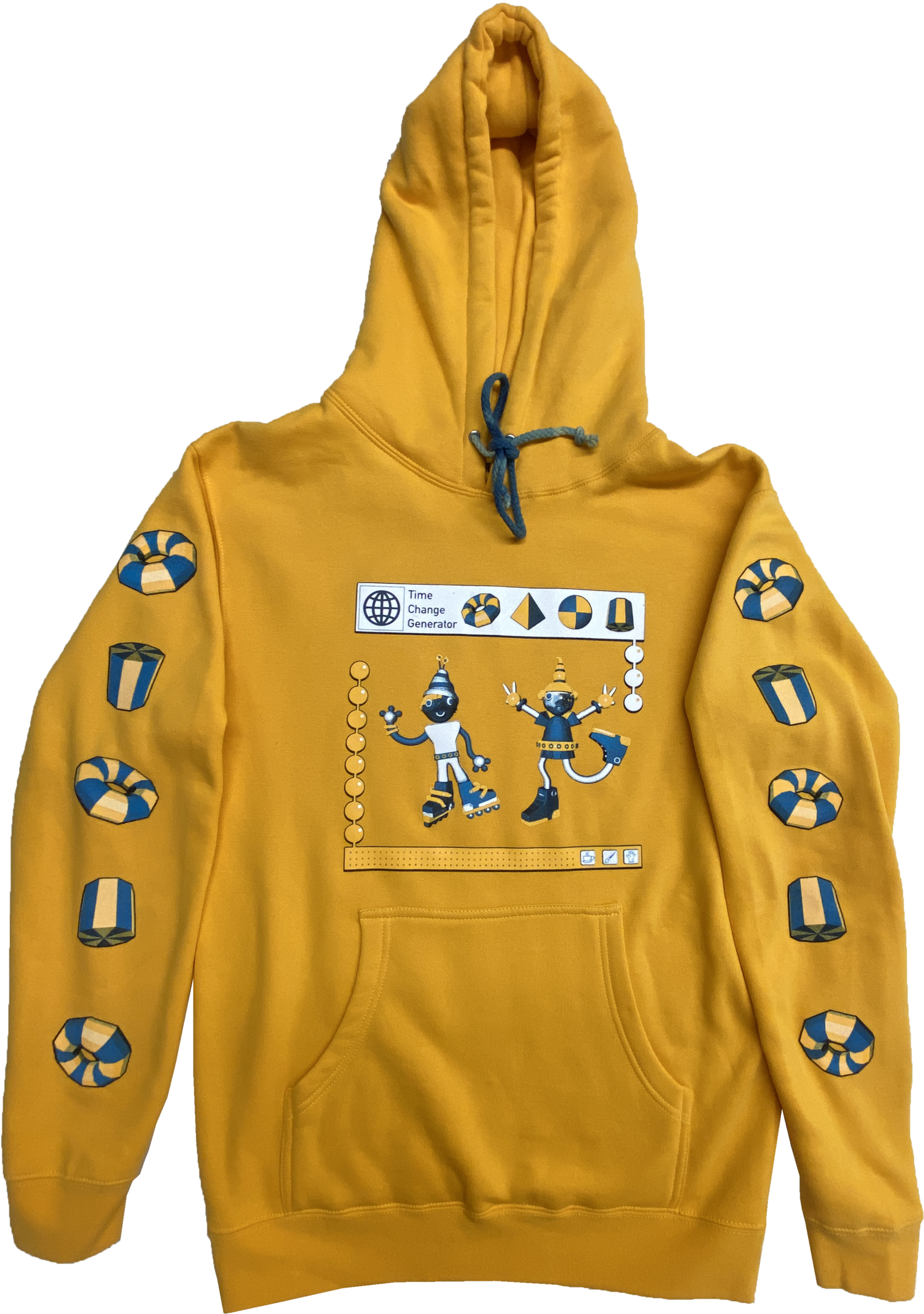 Long-sleeve bright yellow hoodie with 3D graphics on the chest and sleeves